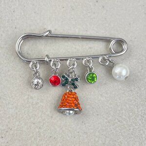 Vintage holiday pin Safety Pin w/ charms rhinestone faux pearl Christmas tree